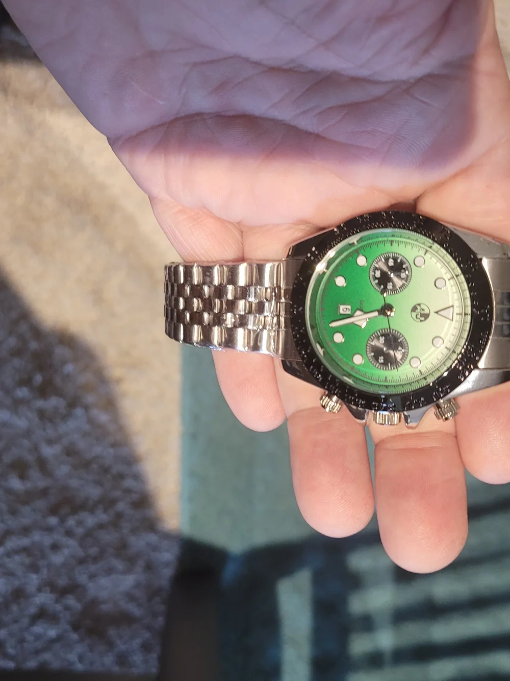A J Stainless Steel Chronograph Watch with Green Dial